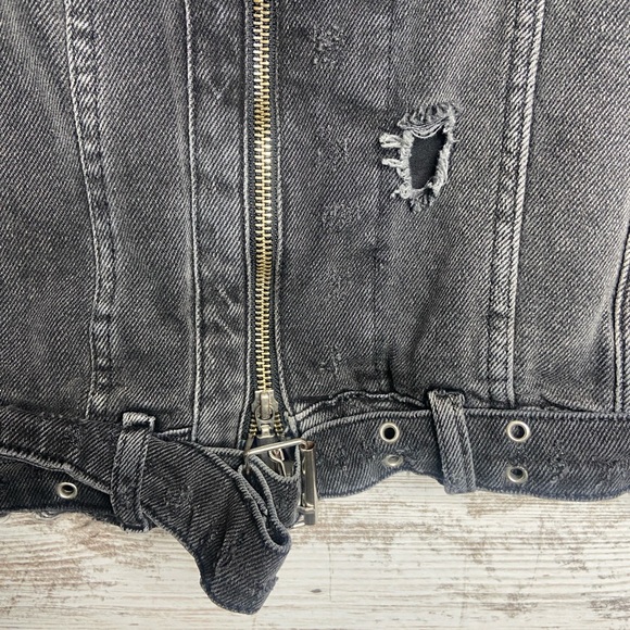 Jaffary Studios distressed denim light black trucker jacket love Sz medium EUC - Picture 7 of 9